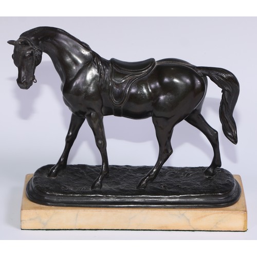 166 - A 19th century patinated spelter library model, of a horse, rectangular marble base, 21.5cm long