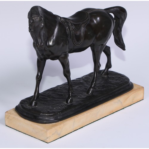 166 - A 19th century patinated spelter library model, of a horse, rectangular marble base, 21.5cm long