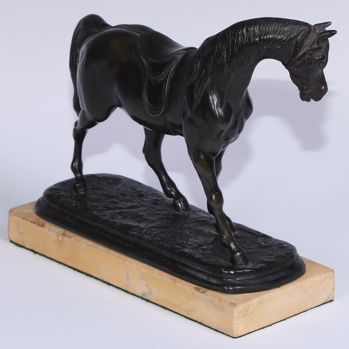 166 - A 19th century patinated spelter library model, of a horse, rectangular marble base, 21.5cm long