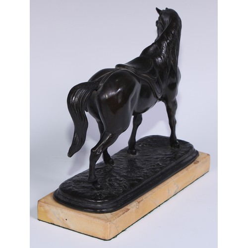 166 - A 19th century patinated spelter library model, of a horse, rectangular marble base, 21.5cm long