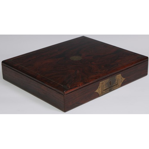 442 - A Regency rosewood rectangular writing or despatch box, hinged cover inlaid with a crested cartouche... 