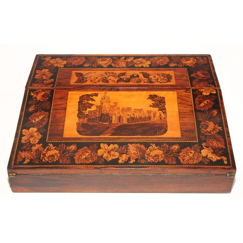 202 - A Victorian Tunbridge ware and rosewood writing box or lap desk, the hinged cover and sloping front ... 