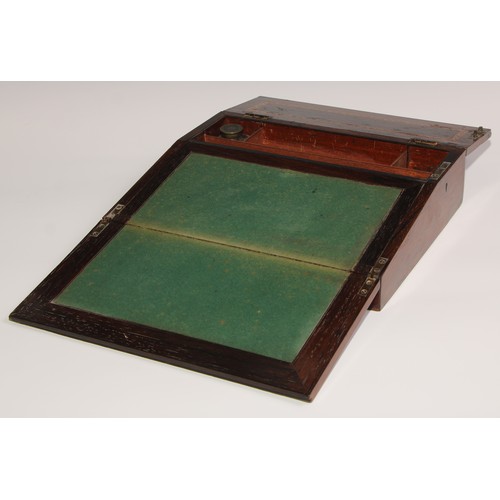 202 - A Victorian Tunbridge ware and rosewood writing box or lap desk, the hinged cover and sloping front ... 