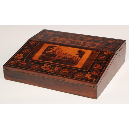 202 - A Victorian Tunbridge ware and rosewood writing box or lap desk, the hinged cover and sloping front ... 