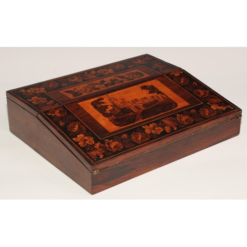 202 - A Victorian Tunbridge ware and rosewood writing box or lap desk, the hinged cover and sloping front ... 