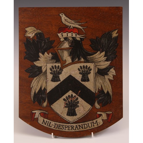 232 - Heraldry - a shield, polychrome painted with coat of arms and motto, 34.5cm x 27.5cm