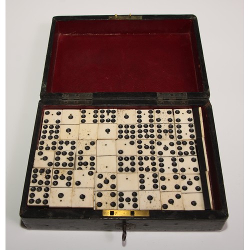 451 - A set of 19th century bone and ebony double nine  dominoes, associated tooled morocco leather box, 2... 