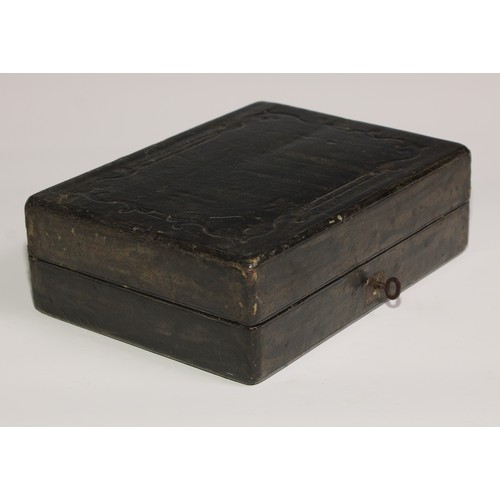 451 - A set of 19th century bone and ebony double nine  dominoes, associated tooled morocco leather box, 2... 