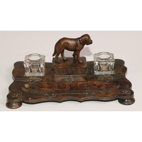 198 - A Victorian papier mache inkstand, scumbled in faux burr walnut and applied with brass cut-card work... 