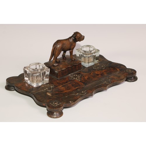 198 - A Victorian papier mache inkstand, scumbled in faux burr walnut and applied with brass cut-card work... 