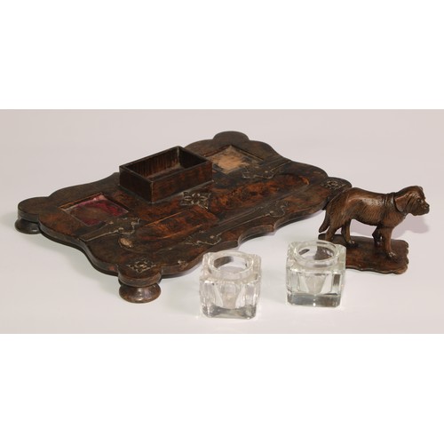 198 - A Victorian papier mache inkstand, scumbled in faux burr walnut and applied with brass cut-card work... 