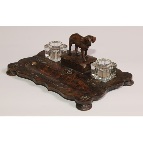 198 - A Victorian papier mache inkstand, scumbled in faux burr walnut and applied with brass cut-card work... 