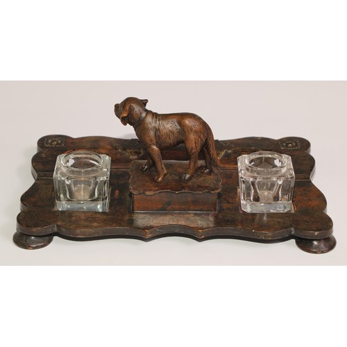 198 - A Victorian papier mache inkstand, scumbled in faux burr walnut and applied with brass cut-card work... 