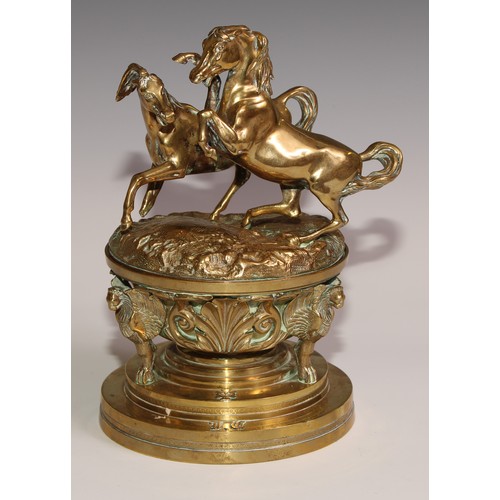 469 - A substantial sculptural 19th century French bronze inkwell, the cover cast with a pair horses power... 