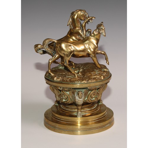 469 - A substantial sculptural 19th century French bronze inkwell, the cover cast with a pair horses power... 