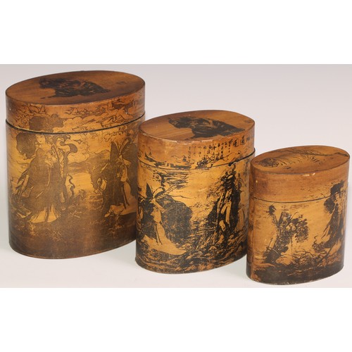 468 - A stacking nest of Japanese oval boxes, decorated with bears and narratuve scenes, the largest 13.5c... 