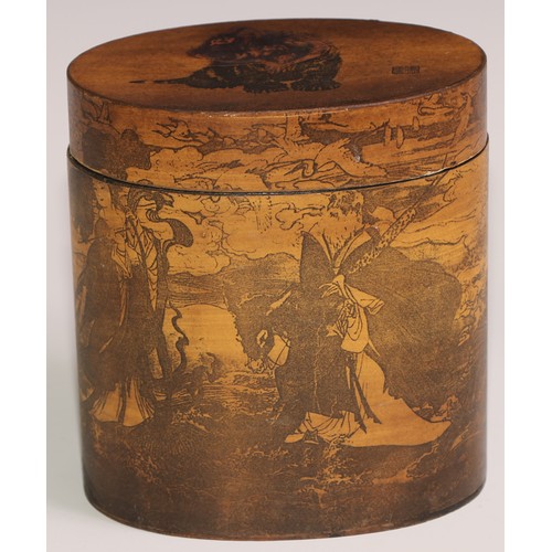 468 - A stacking nest of Japanese oval boxes, decorated with bears and narratuve scenes, the largest 13.5c... 