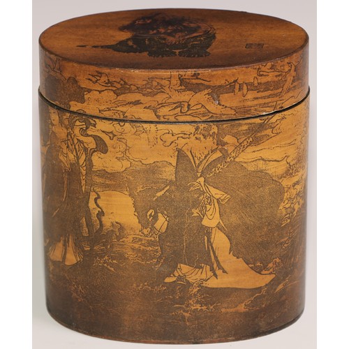 468 - A stacking nest of Japanese oval boxes, decorated with bears and narratuve scenes, the largest 13.5c... 