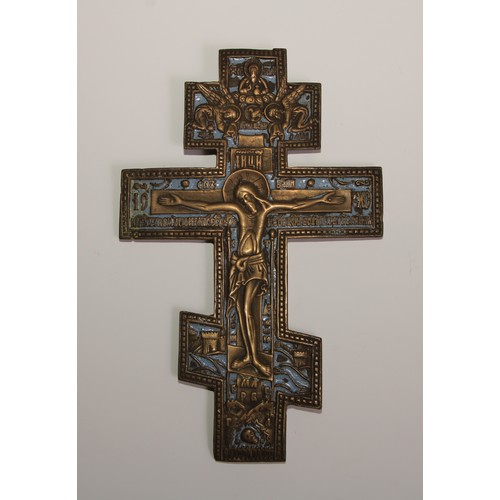 539 - An Eastern Orthodox brass and enamel crucifix, cast throughout with iconography, 22cm long; icons, s... 