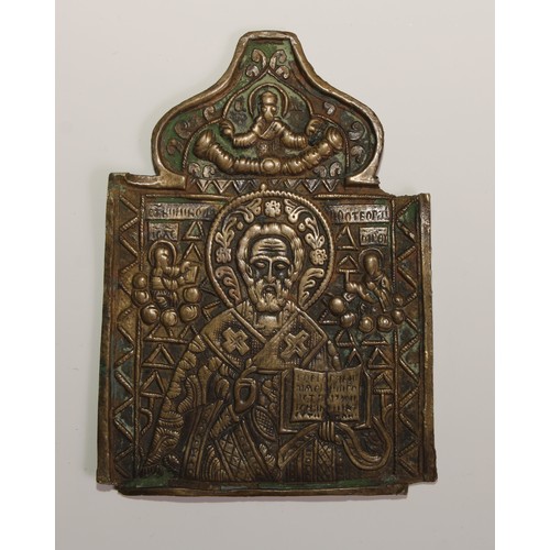 539 - An Eastern Orthodox brass and enamel crucifix, cast throughout with iconography, 22cm long; icons, s... 