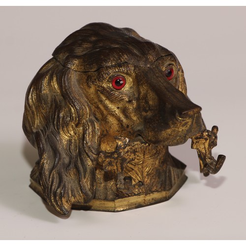 54 - A 19th century gilt metal novelty inkwell, cast as the head of a spaniel dog, hinged cover, the pen ... 