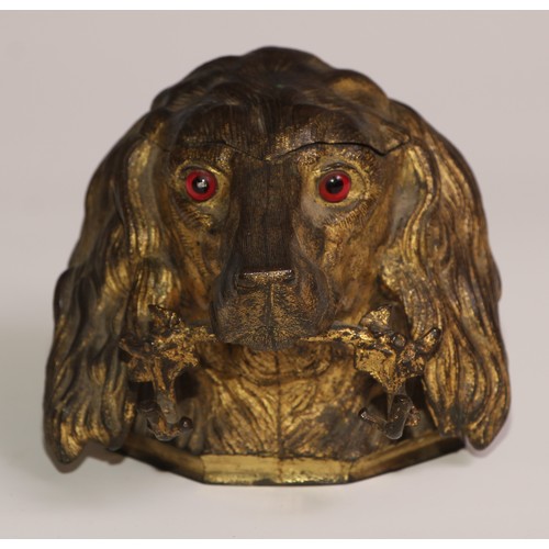 54 - A 19th century gilt metal novelty inkwell, cast as the head of a spaniel dog, hinged cover, the pen ... 