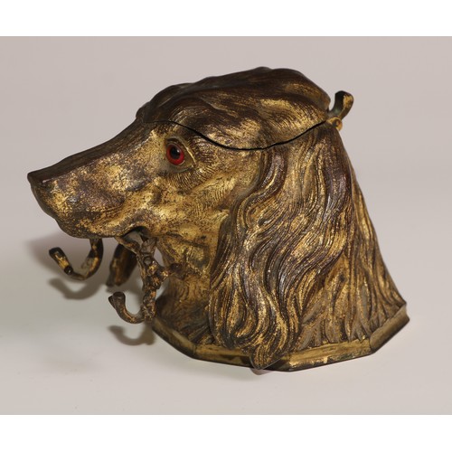 54 - A 19th century gilt metal novelty inkwell, cast as the head of a spaniel dog, hinged cover, the pen ... 