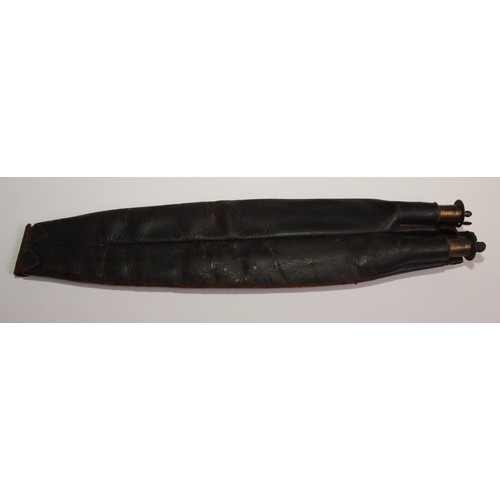 736 - A 19th century leather twin-compartment shot flask belt, brass fittings, 41.5cm long