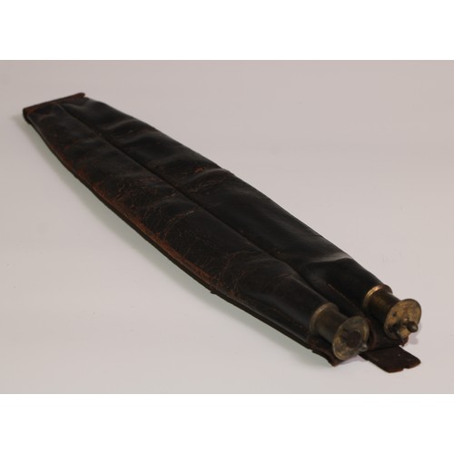 736 - A 19th century leather twin-compartment shot flask belt, brass fittings, 41.5cm long