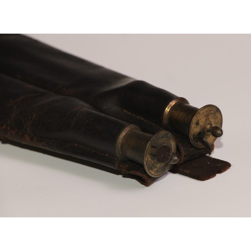 736 - A 19th century leather twin-compartment shot flask belt, brass fittings, 41.5cm long