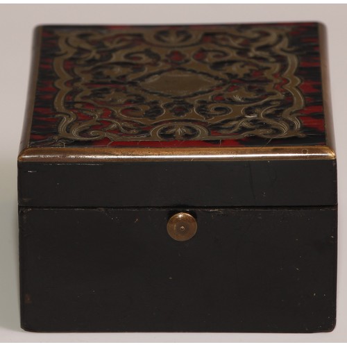 20 - A 19th century French boulle and ebonised rectangular pocket watch box, hinged cover enclosing a spr... 