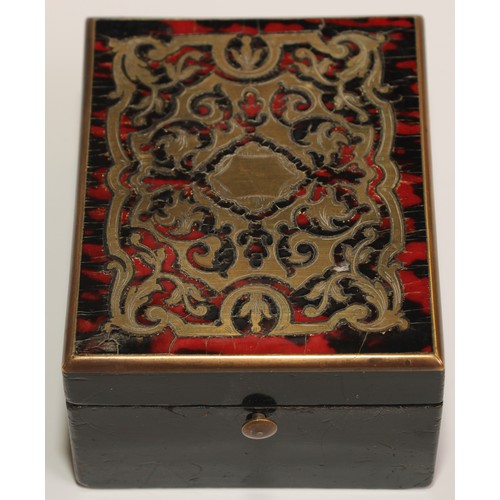 20 - A 19th century French boulle and ebonised rectangular pocket watch box, hinged cover enclosing a spr... 