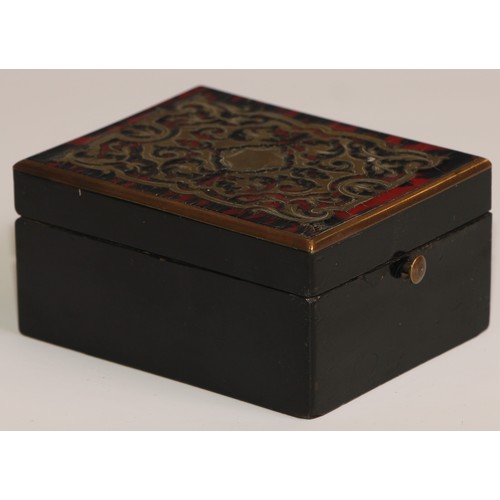 20 - A 19th century French boulle and ebonised rectangular pocket watch box, hinged cover enclosing a spr... 