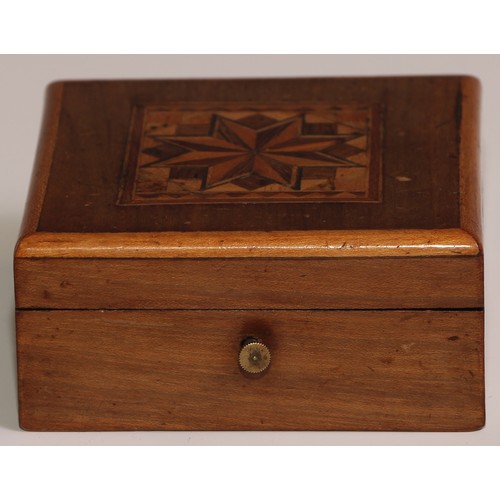 317 - A Continental walnut and parquetry rectangular pocket watch box, hinged cover enclosing a sprung sta... 