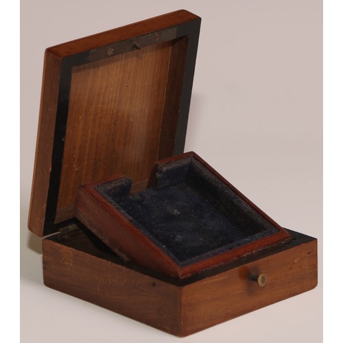 317 - A Continental walnut and parquetry rectangular pocket watch box, hinged cover enclosing a sprung sta... 