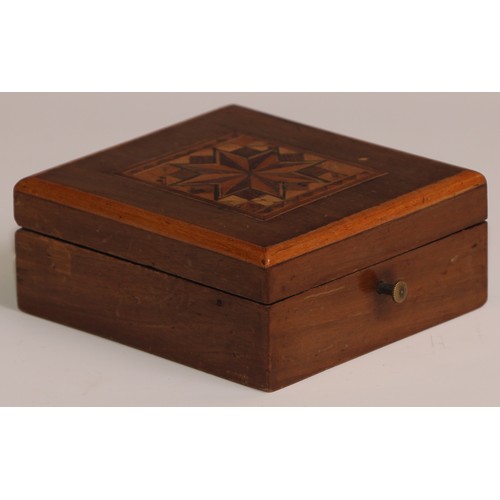 317 - A Continental walnut and parquetry rectangular pocket watch box, hinged cover enclosing a sprung sta... 