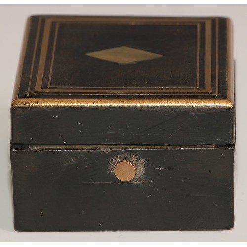 44 - A 19th century French ebonised pocket watch box, hinged cover inlaid with a lozenge and outlined wit... 