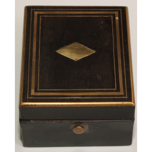 44 - A 19th century French ebonised pocket watch box, hinged cover inlaid with a lozenge and outlined wit... 