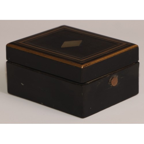 44 - A 19th century French ebonised pocket watch box, hinged cover inlaid with a lozenge and outlined wit... 