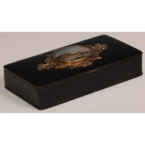 50 - A 19th century French papier mache rounded rectangular table snuff box, hinged cover applied with a ... 