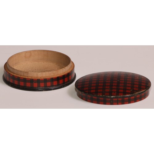 448 - A Scottish tartan ware ware circular snuff box, Rob-Roy, push-fitting cover, 6cm diam, c.1900; anoth... 