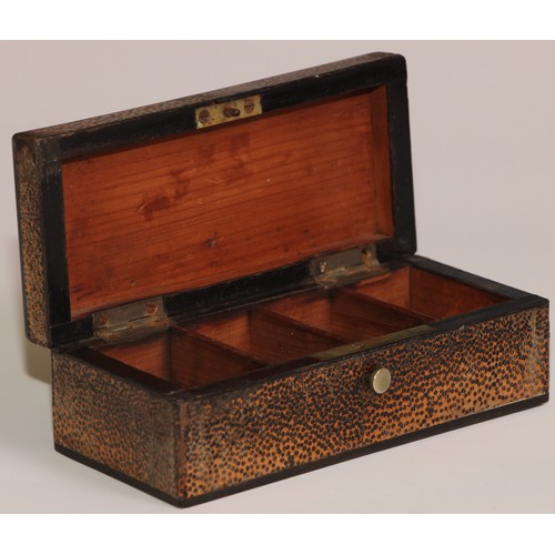 261 - A 19th century specimen timber rectangular stamp box, hinged cover enclosing four compartments, 12cm... 