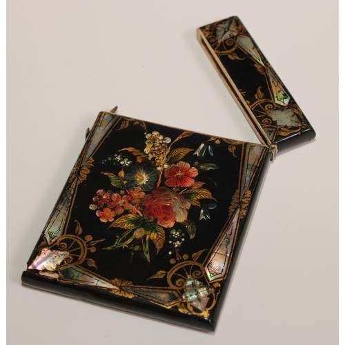 199 - A Victorian papier mache rectangular visiting card case, inlaid with mother of pearl and decorated i... 