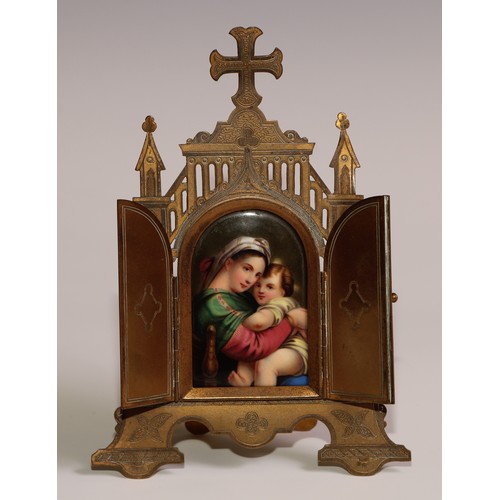 11 - A 19th century brass domestic cabinet altarpiece, the Gothic Revival easel triptych frame enclosing ... 