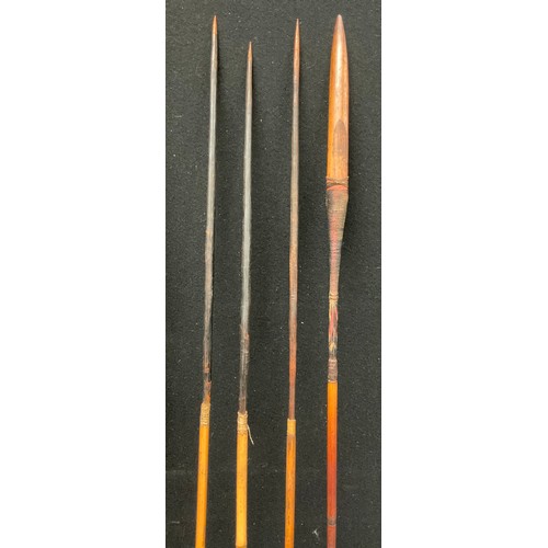 734 - Tribal Art - an Oceanic black palm bow, 173cm long, Papua New Guinea; three arrows; a spear (5)