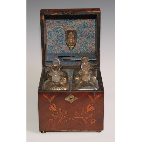 14 - A 19th century Dutch mahogany and marquetry decanter box, hinged cover enclosing four gilt bottles a... 