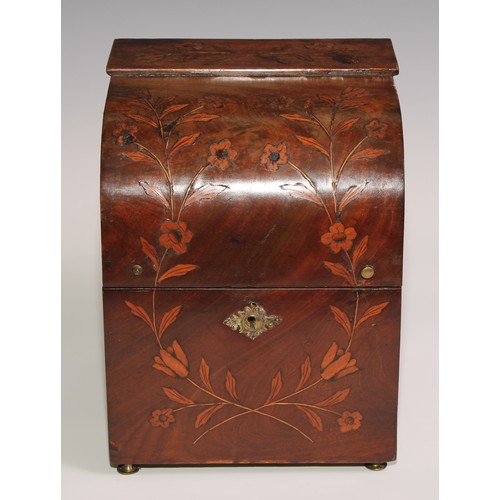 14 - A 19th century Dutch mahogany and marquetry decanter box, hinged cover enclosing four gilt bottles a... 