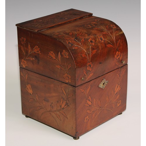 14 - A 19th century Dutch mahogany and marquetry decanter box, hinged cover enclosing four gilt bottles a... 