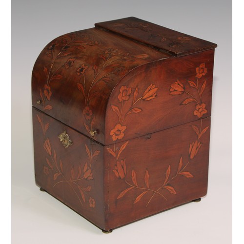 14 - A 19th century Dutch mahogany and marquetry decanter box, hinged cover enclosing four gilt bottles a... 