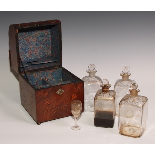 14 - A 19th century Dutch mahogany and marquetry decanter box, hinged cover enclosing four gilt bottles a... 